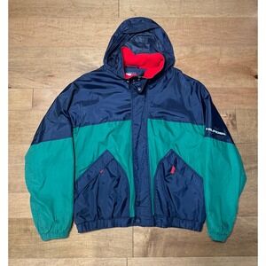 Tommy Hilfiger Colorblock Hooded Puffer Windbreaker Coat Jacket Vintage Mens XL